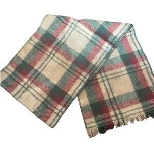 Woolrich Wool Blend Plaid Scarf Unisex Fringed Tan Green 54" x 9.5" Oblong VTG